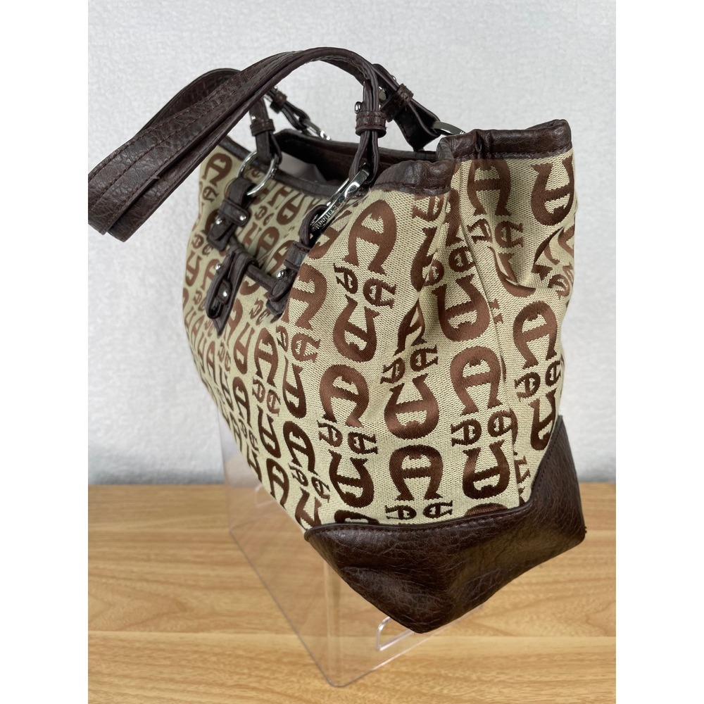 Etienne Aigner Monogram Jacquard Shoulder Bag Brown Tan Faux Leather Trim Tote - Picture 7 of 14